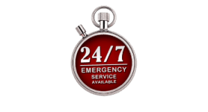 stopwatch with words "24/7 emergency service available" for plumbing and heating near Tillsonburg and the surrounding areas