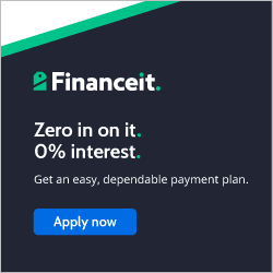 Financeit. Zero in on it. 0% interest. Ger an easy, dependable payment plan. Apply now button